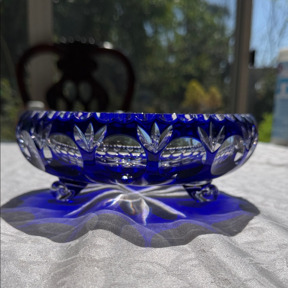 Vintage Cobalt Blue Cut Glass Decorative Bowl - Home Art 8” width , 3” tall - Picture 10 of 13